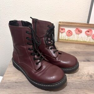 Burgundy Lace-Up Combat Boots